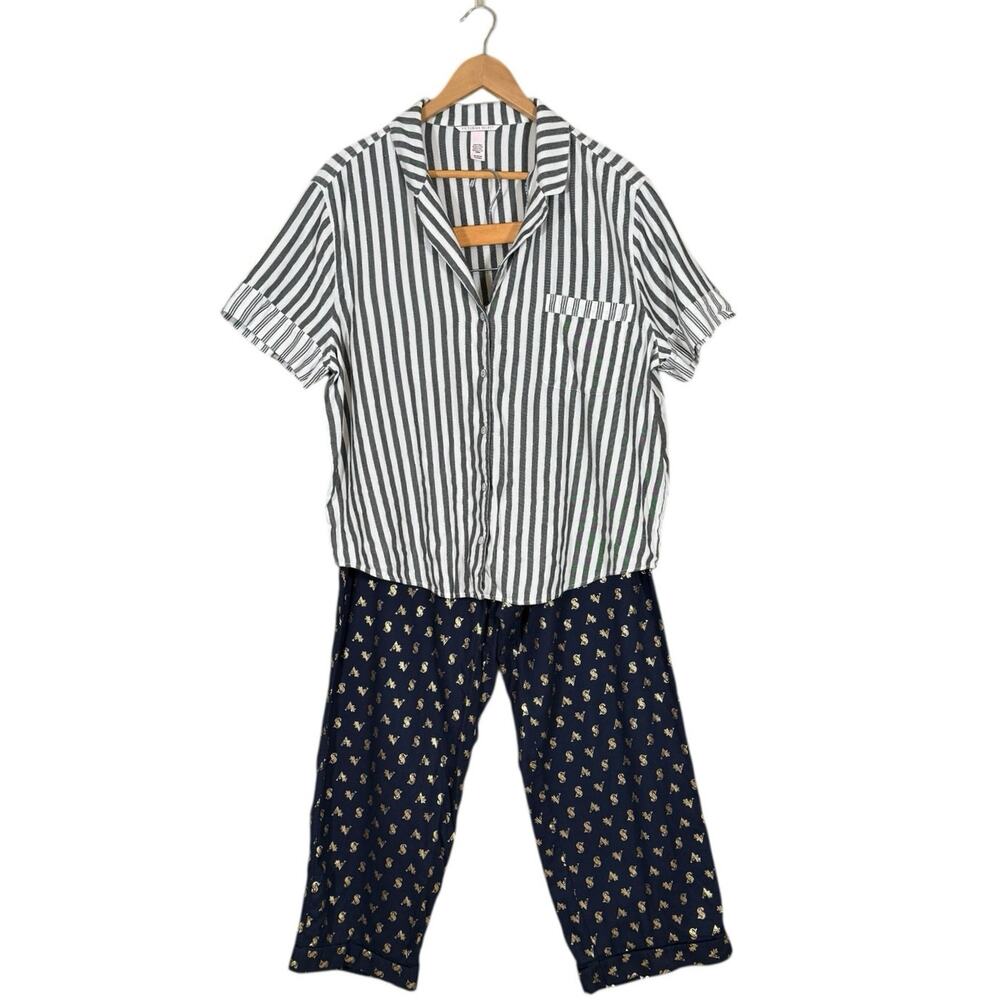 Victoria’s Secret Pajama Set Stripe Sleepshirt Navy Gold Logo Pants XL Cozy